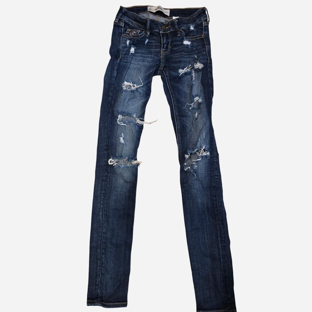 Hollister navy blue skinny jeans with distressed details